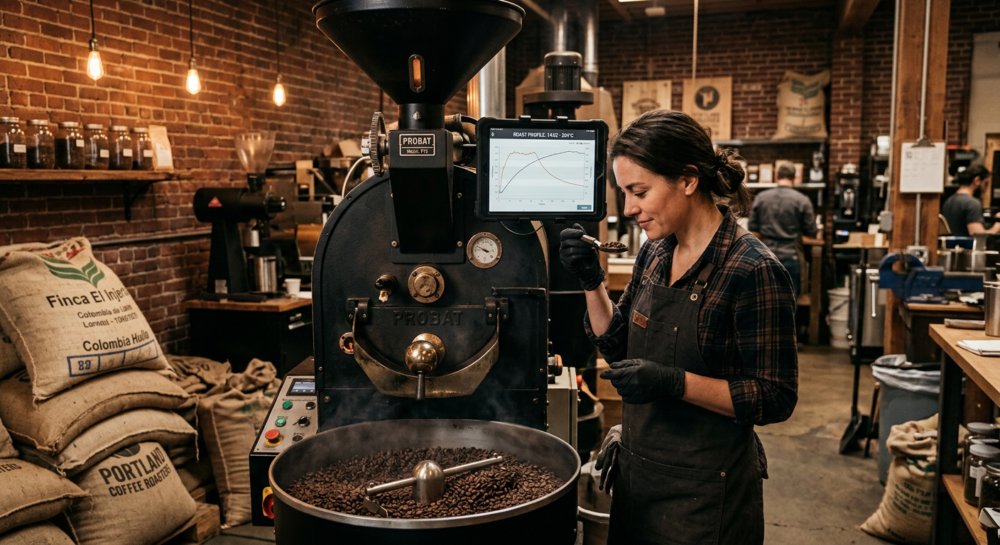 Jamie Holloway at the Northwind roastery in Portland